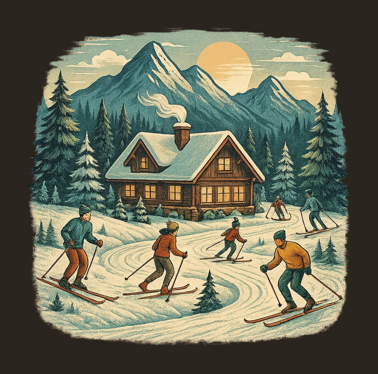 Ski Lodge Vintage Winter Resort Scene Cozy Cabin Design contrast preview thumbnail