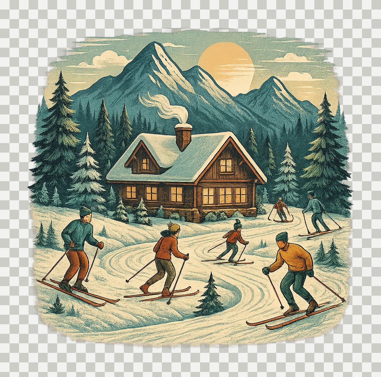 Ski Lodge Vintage Winter Resort Scene Cozy Cabin Design transparency and detail preview thumbnail