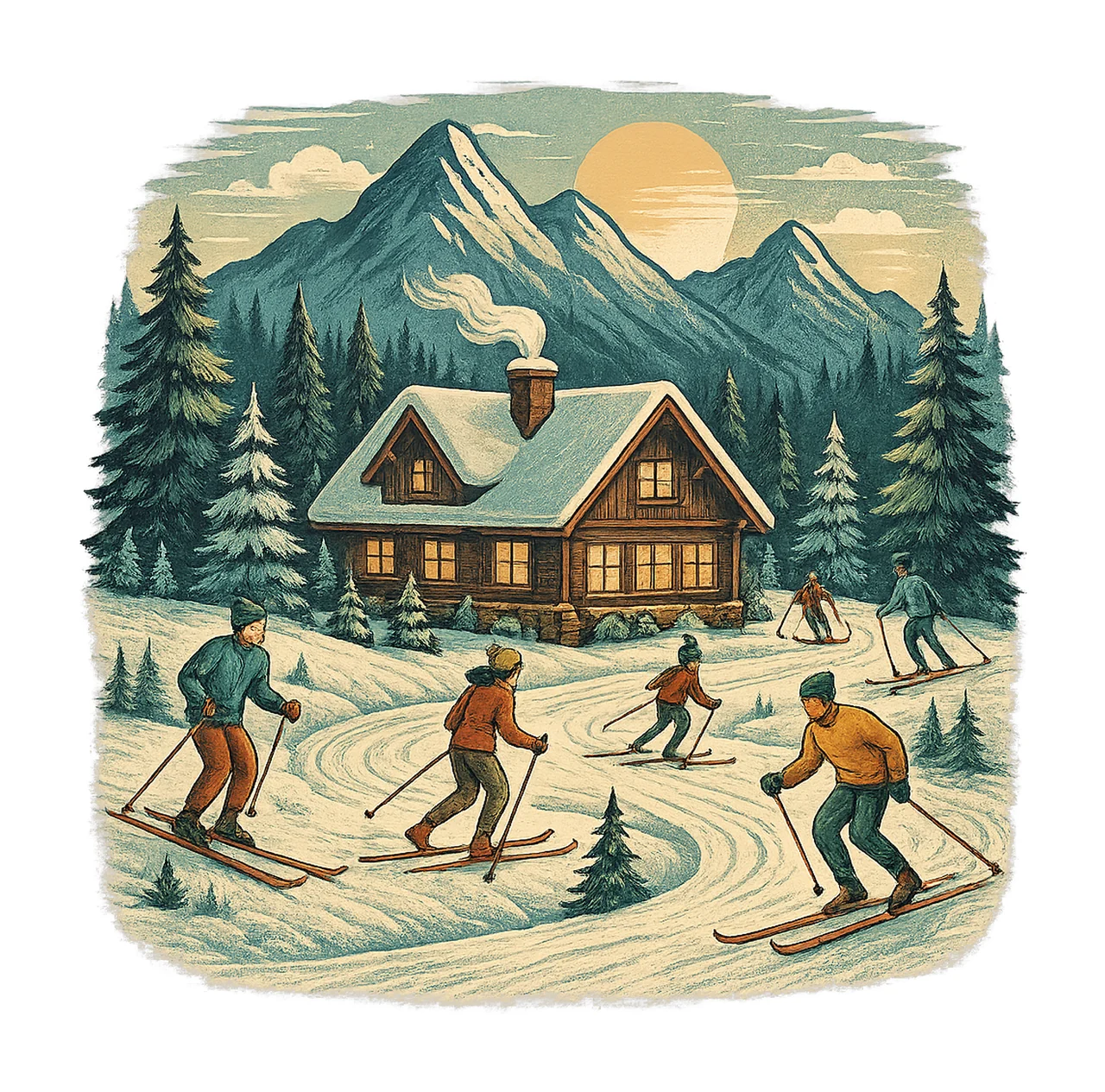 Ski Lodge Vintage Winter Resort Scene Cozy Cabin Design