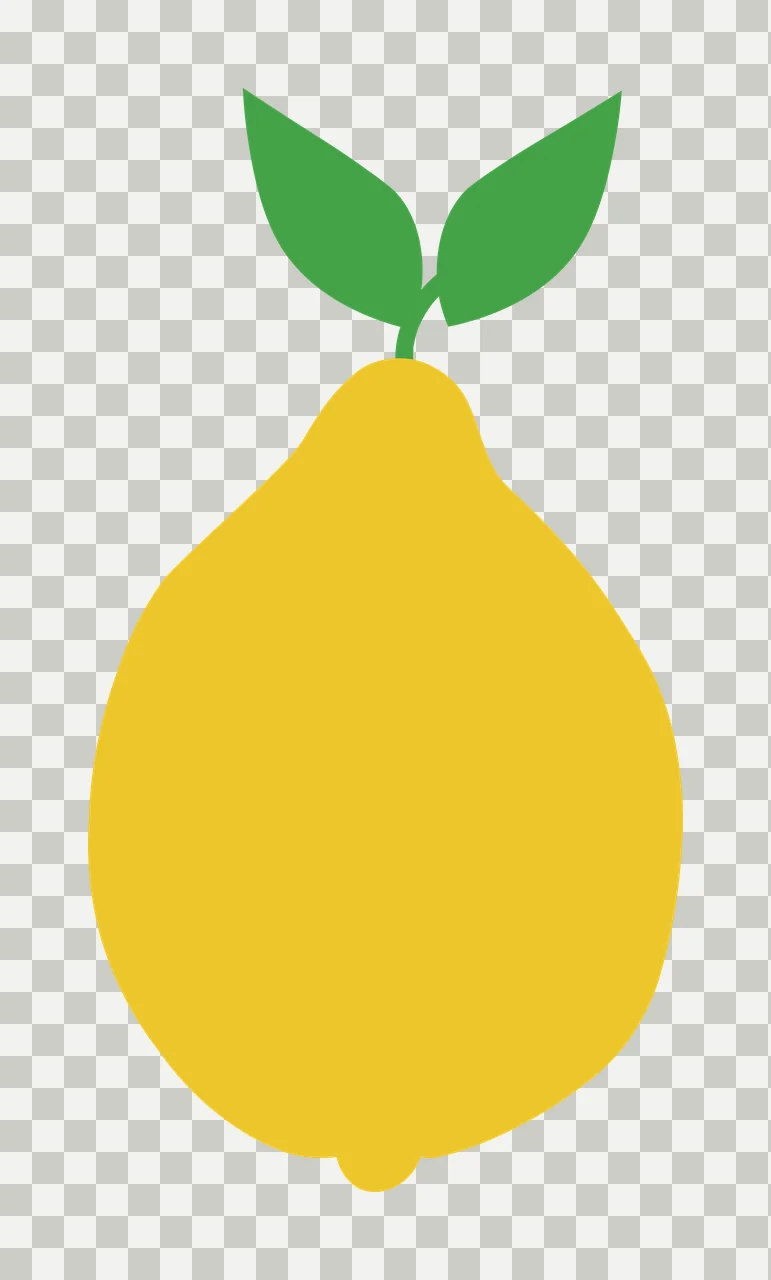 Lemon Illustration with yellow lemon, two green leaves and stem in white transparency and detail preview thumbnail