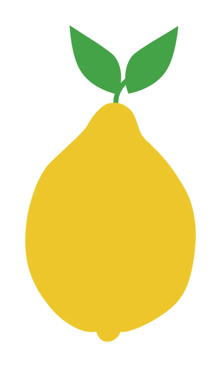 Lemon Illustration with yellow lemon, two green leaves and stem in white