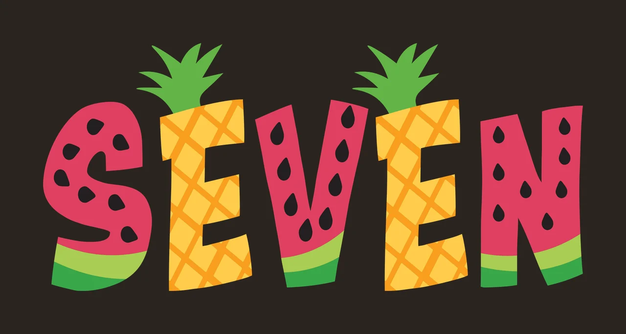 SEVEN tropical fruit typography with watermelon pattern, pineapple pattern, black seeds and green leaves in pink and yellow contrast preview thumbnail