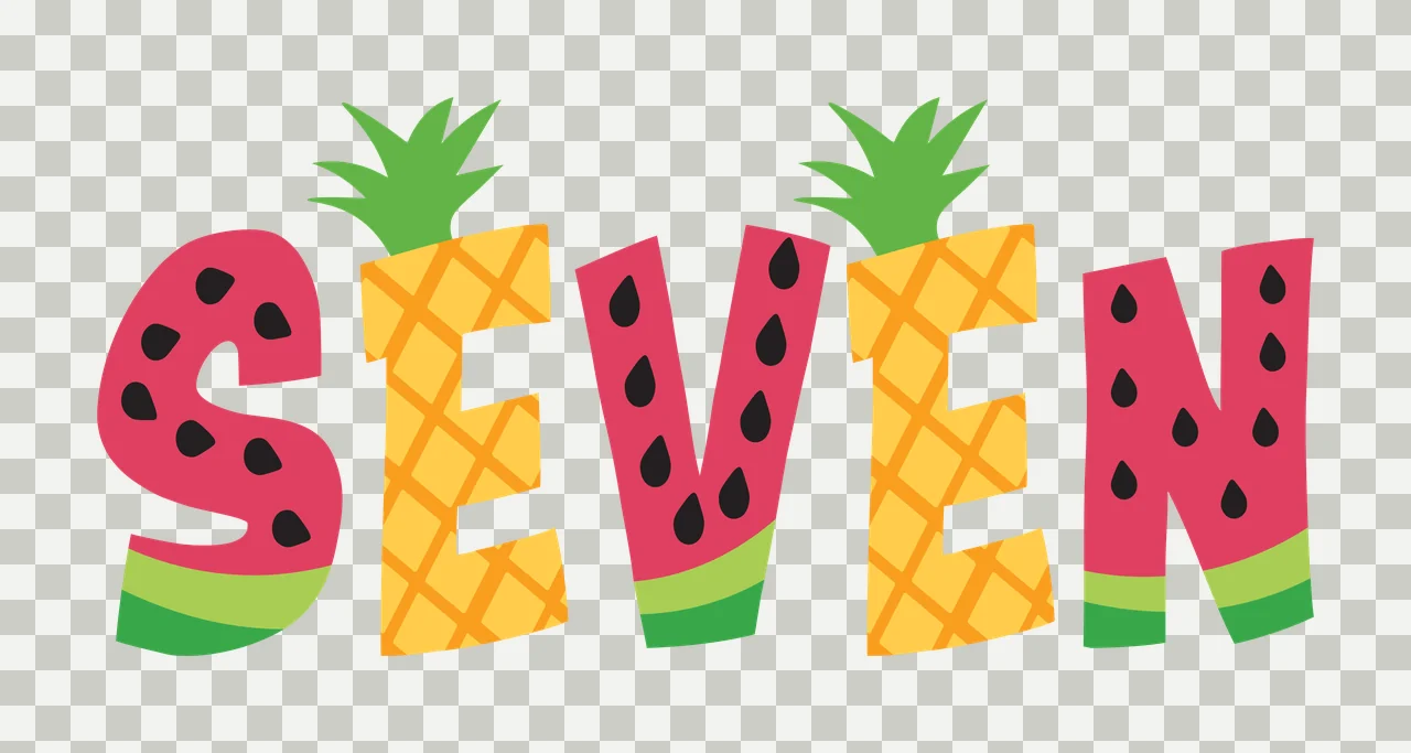 SEVEN tropical fruit typography with watermelon pattern, pineapple pattern, black seeds and green leaves in pink and yellow transparency and detail preview thumbnail