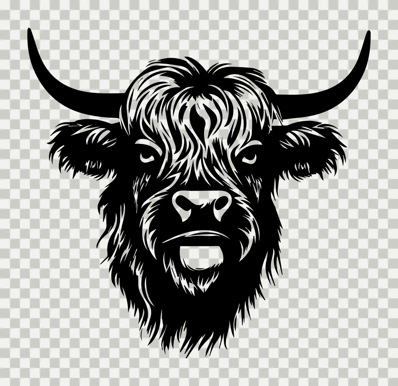 Hairy Bull Head Black Silhouette staring horn fur white animal transparency and detail preview thumbnail