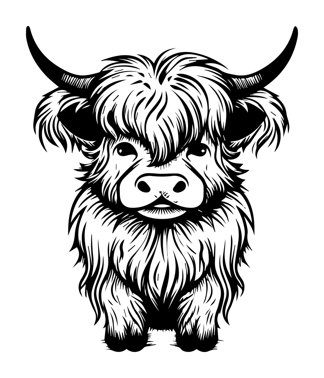 Cow Highland Head Facing Front horns fur line art black animal