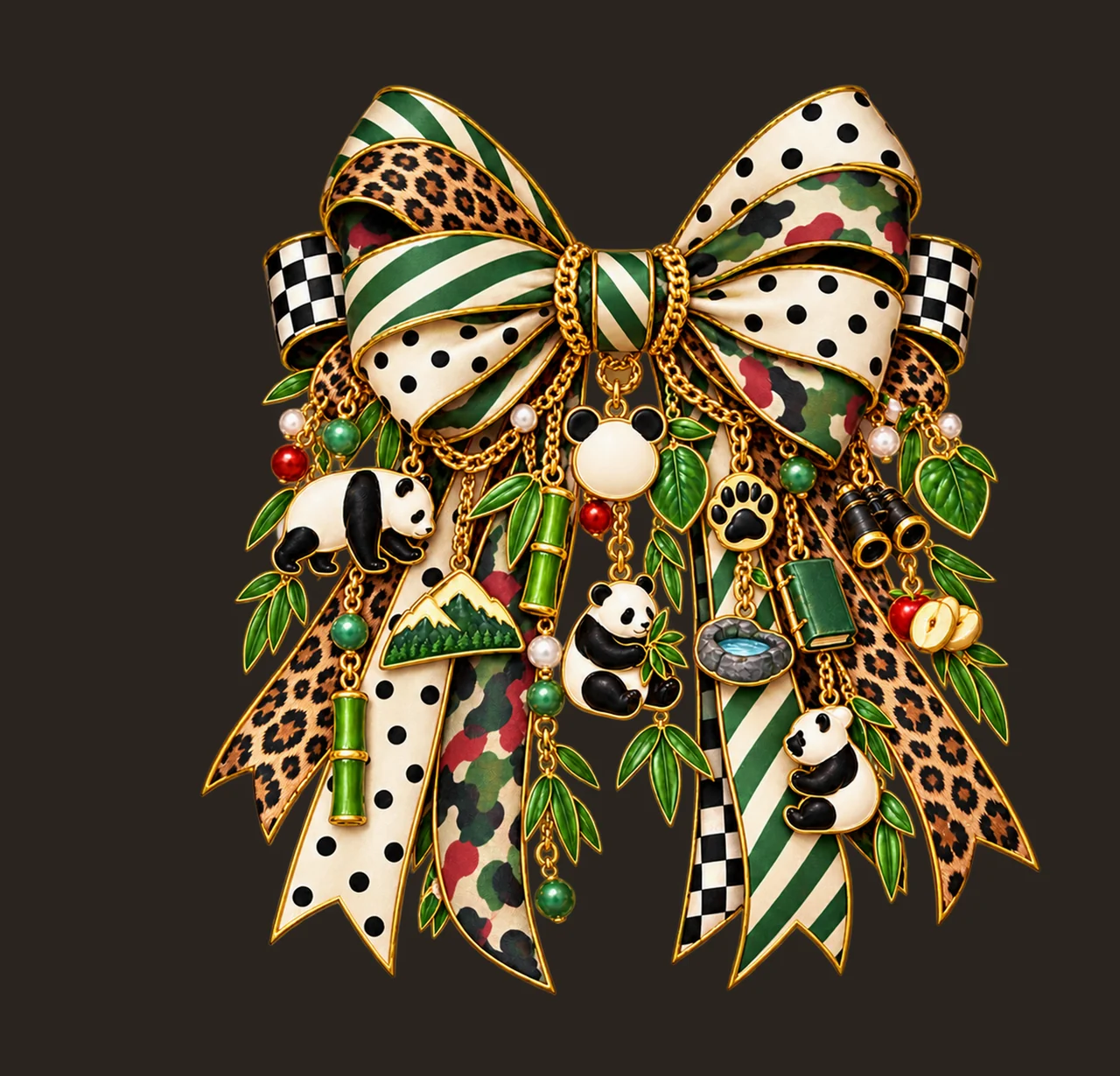 Panda Lover Bow Charm PNG, Themed Gold Chain Charms, Coquette Ribbon Sublimation Design, Transparent Digital Download contrast preview thumbnail