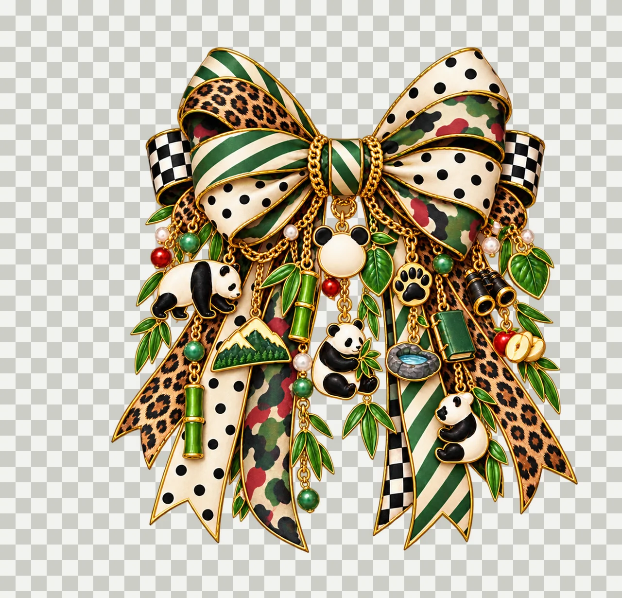 Panda Lover Bow Charm PNG, Themed Gold Chain Charms, Coquette Ribbon Sublimation Design, Transparent Digital Download transparency and detail preview thumbnail