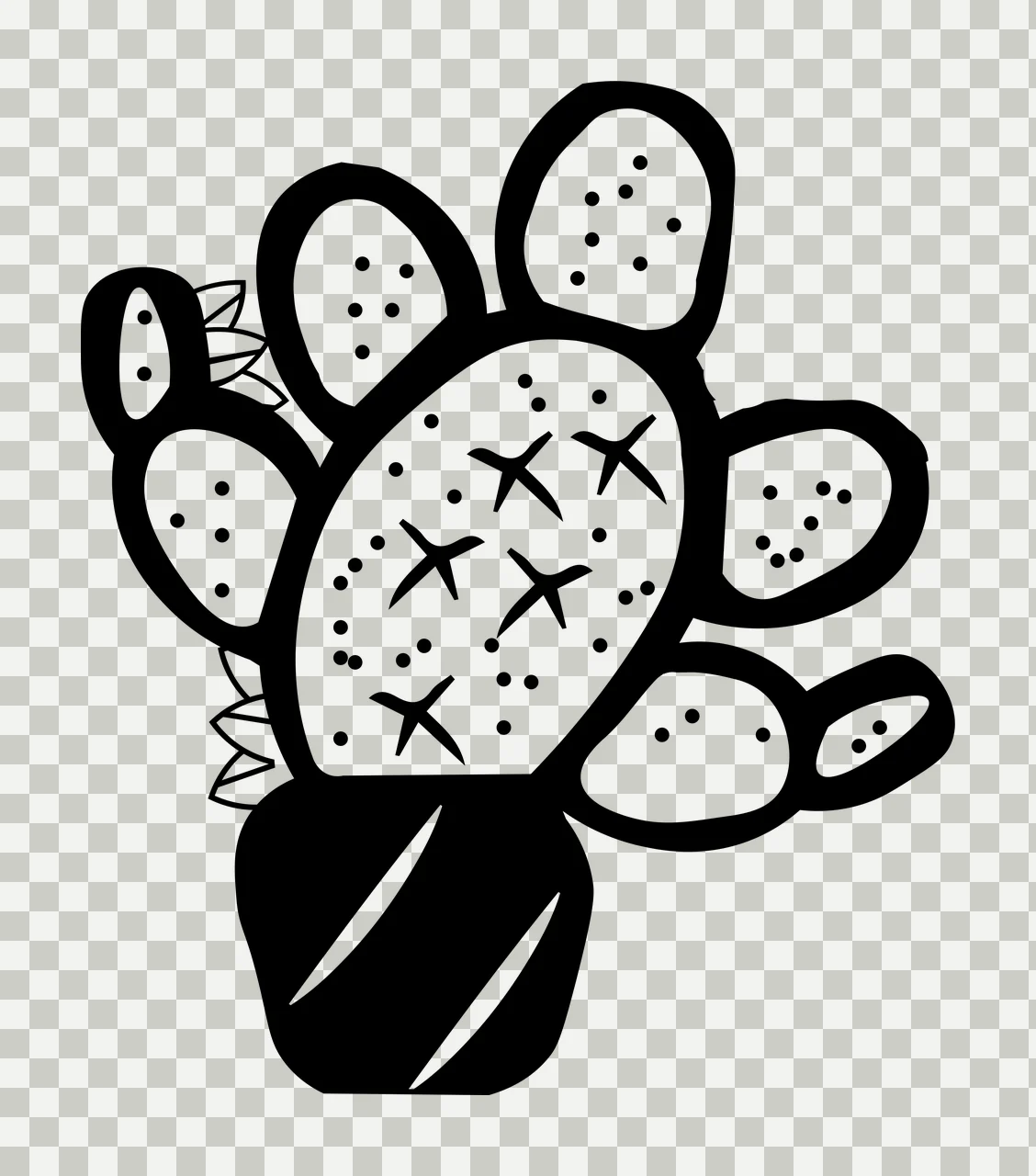 Line Art Illustration of Prickly pear cactus with black cactus outline, white cactus pads, black dots and black X-shaped spines transparency and detail preview thumbnail