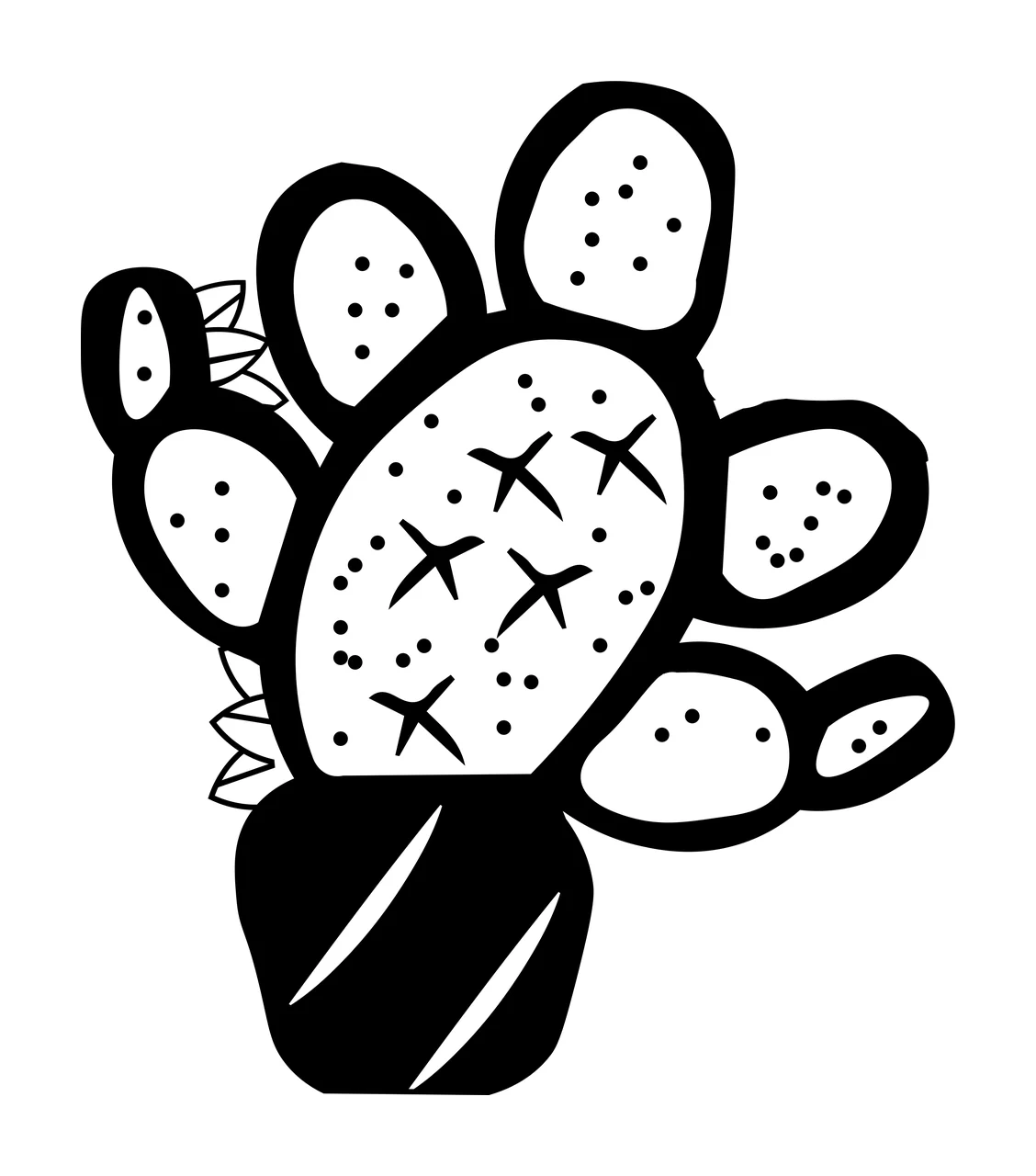 Line Art Illustration of Prickly pear cactus with black cactus outline, white cactus pads, black dots and black X-shaped spines