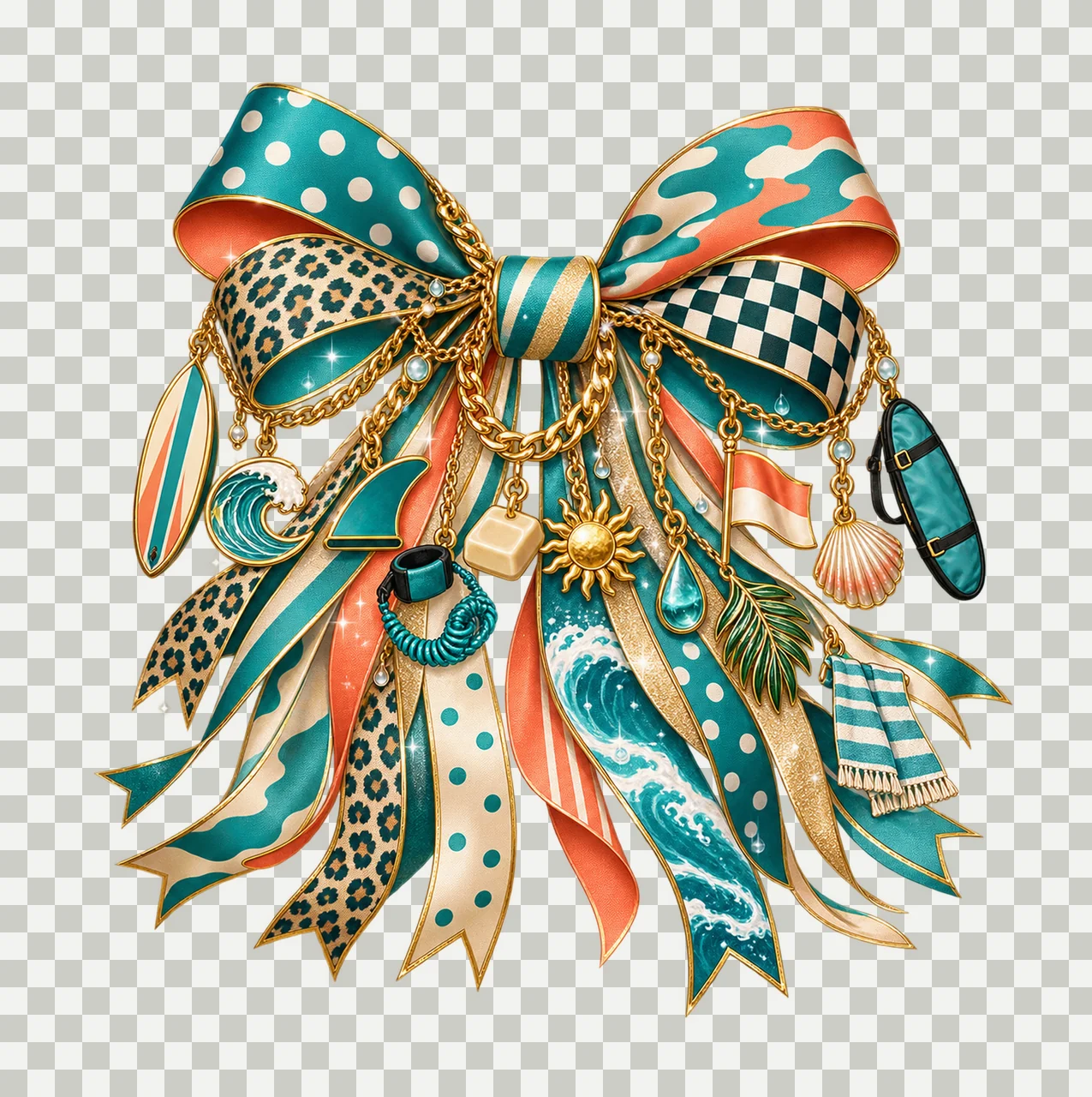 Surfing Lover Bow Charm PNG, Themed Gold Chain Charms, Coquette Ribbon Sublimation Design, Transparent Digital Download transparency and detail preview thumbnail