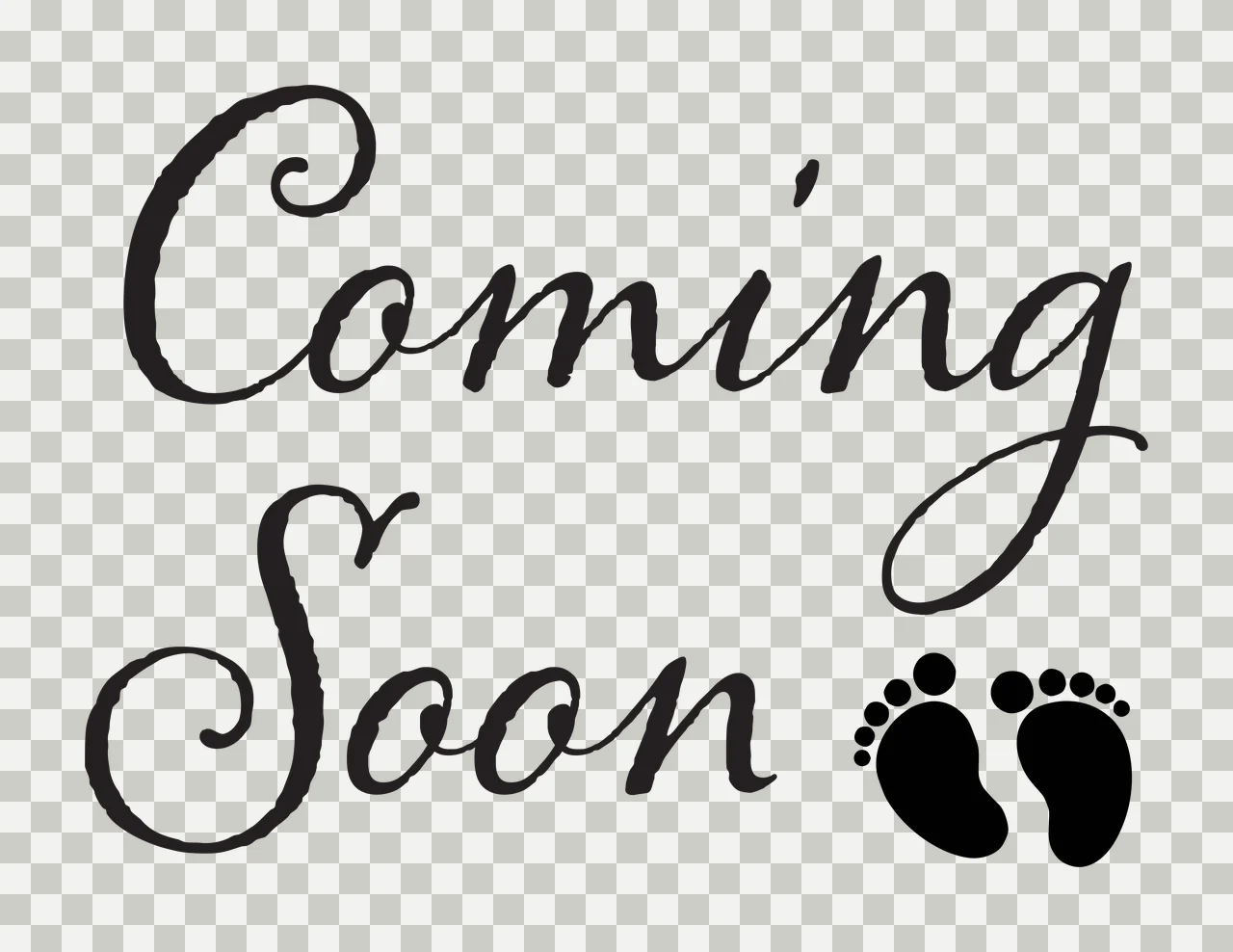 Coming Soon Typography Design with Coming Soon text, cursive lettering and baby footprints silhouette in black and white transparency and detail preview thumbnail