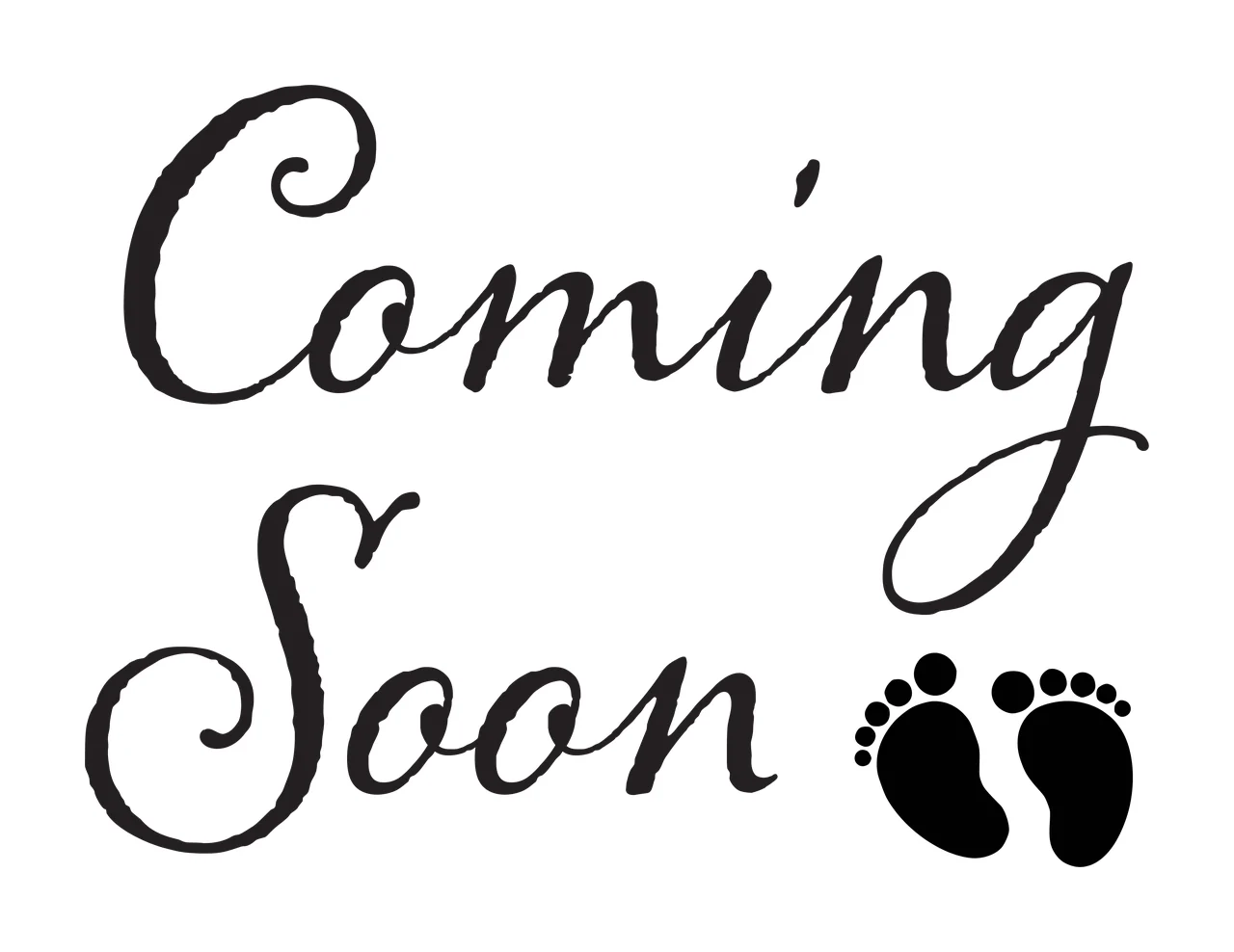 Coming Soon Typography Design with Coming Soon text, cursive lettering and baby footprints silhouette in black and white