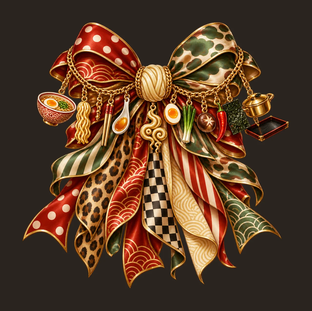 Ramen Lover Bow Charm PNG, Themed Gold Chain Charms, Coquette Ribbon Sublimation Design, Transparent Digital Download contrast preview thumbnail