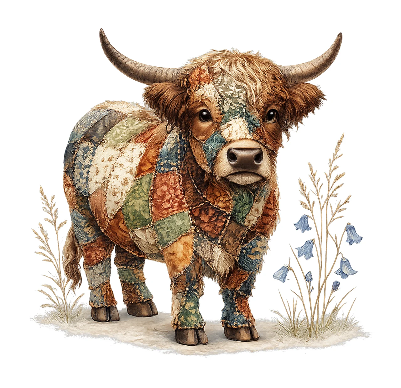 Highland Cow Patchwork Farm Sublimation Design Floral Cow