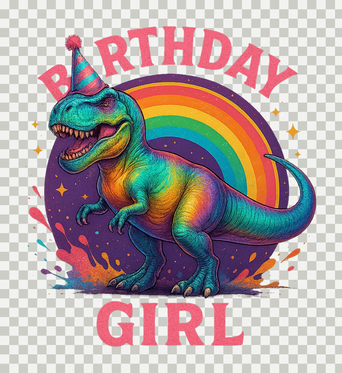 Birthday Girl Rex Dinosaur Sublimation Design Rainbow Dino transparency and detail preview thumbnail