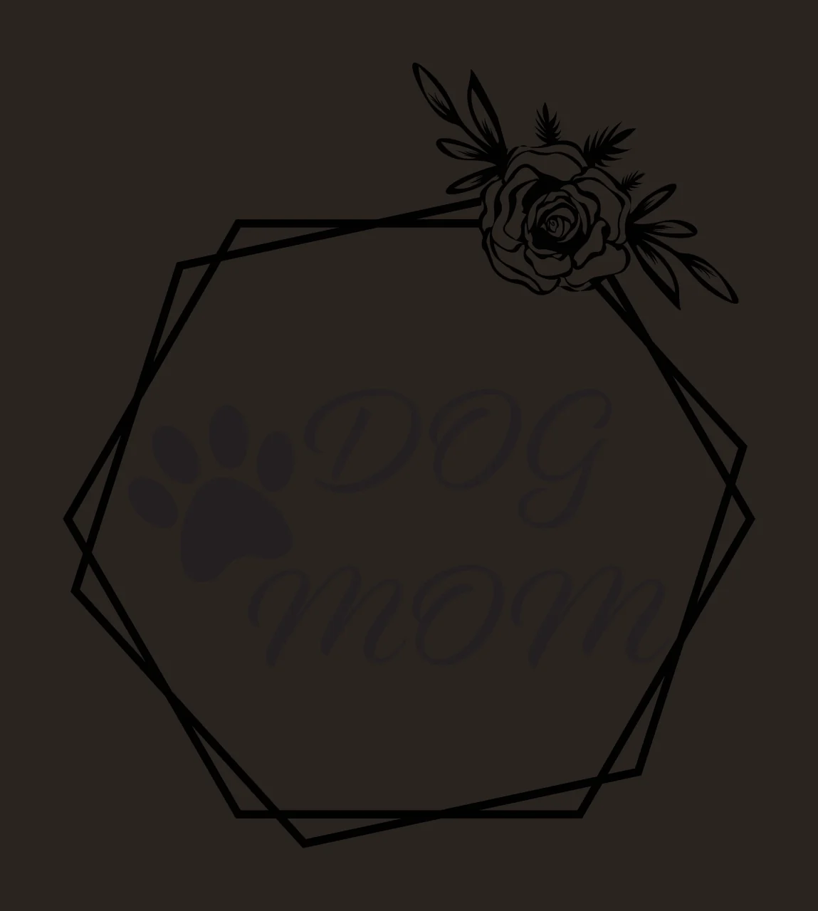 DOG mom Dog Mom typography emblem with paw print icon, rose flower, botanical leaves and geometric polygon frame in black and white contrast preview thumbnail