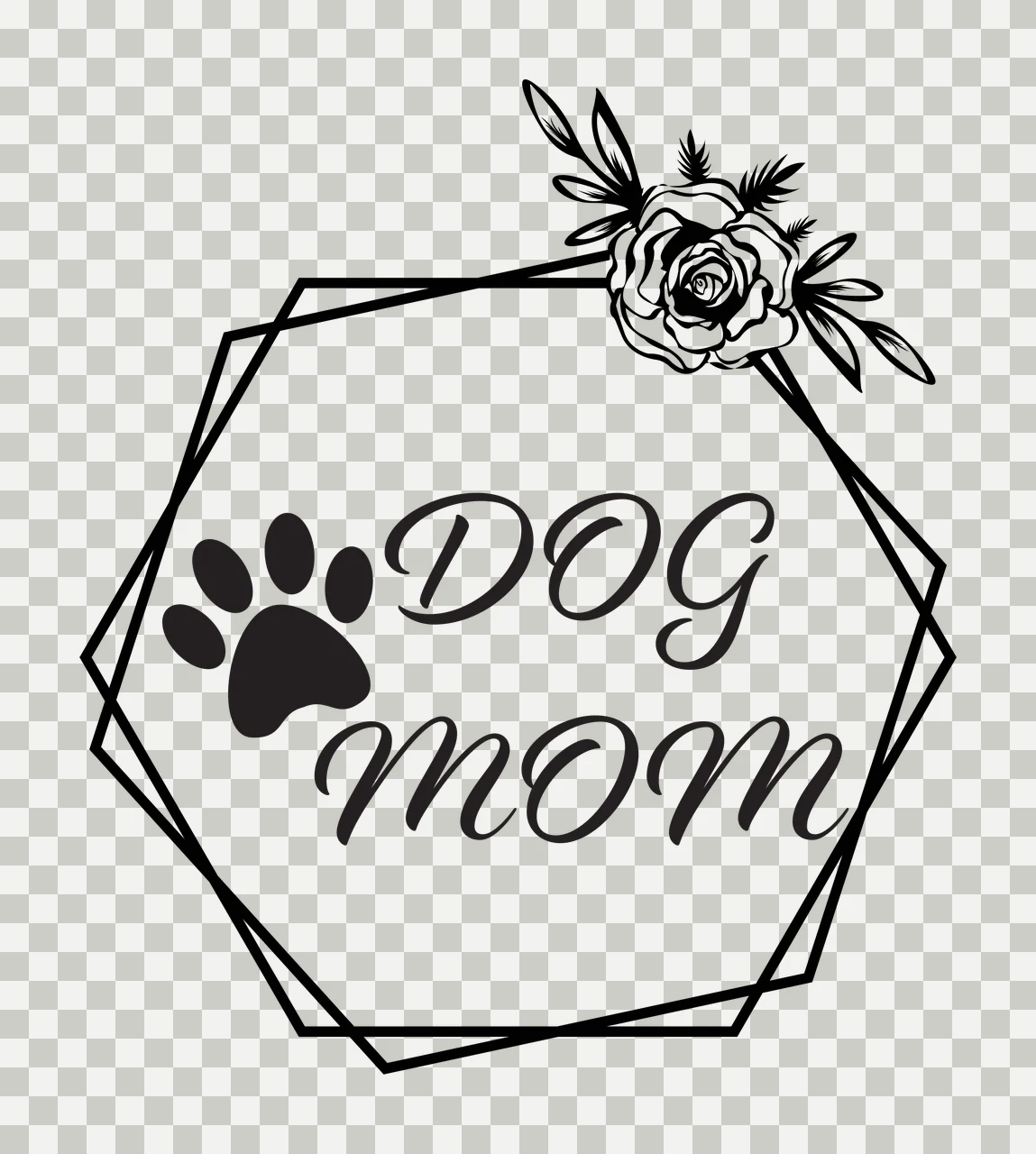 DOG mom Dog Mom typography emblem with paw print icon, rose flower, botanical leaves and geometric polygon frame in black and white transparency and detail preview thumbnail