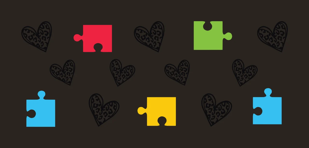 Leopard-print hearts and colorful puzzle pieces Illustration with black leopard-print heart, red puzzle piece, green puzzle piece and blue puzzle piece contrast preview thumbnail