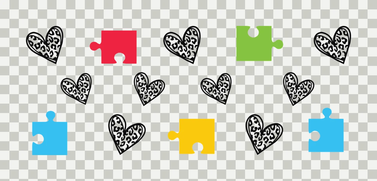 Leopard-print hearts and colorful puzzle pieces Illustration with black leopard-print heart, red puzzle piece, green puzzle piece and blue puzzle piece transparency and detail preview thumbnail