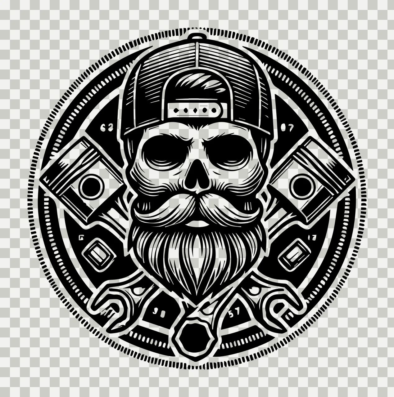 Mechanic Skull With Pistons Wrench Emblem beard cap wrenches transparency and detail preview thumbnail