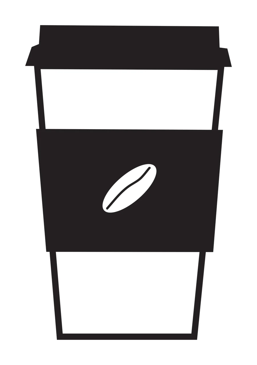 Silhouette Design of Black and white coffee cup with lid and bean logo with black sleeve