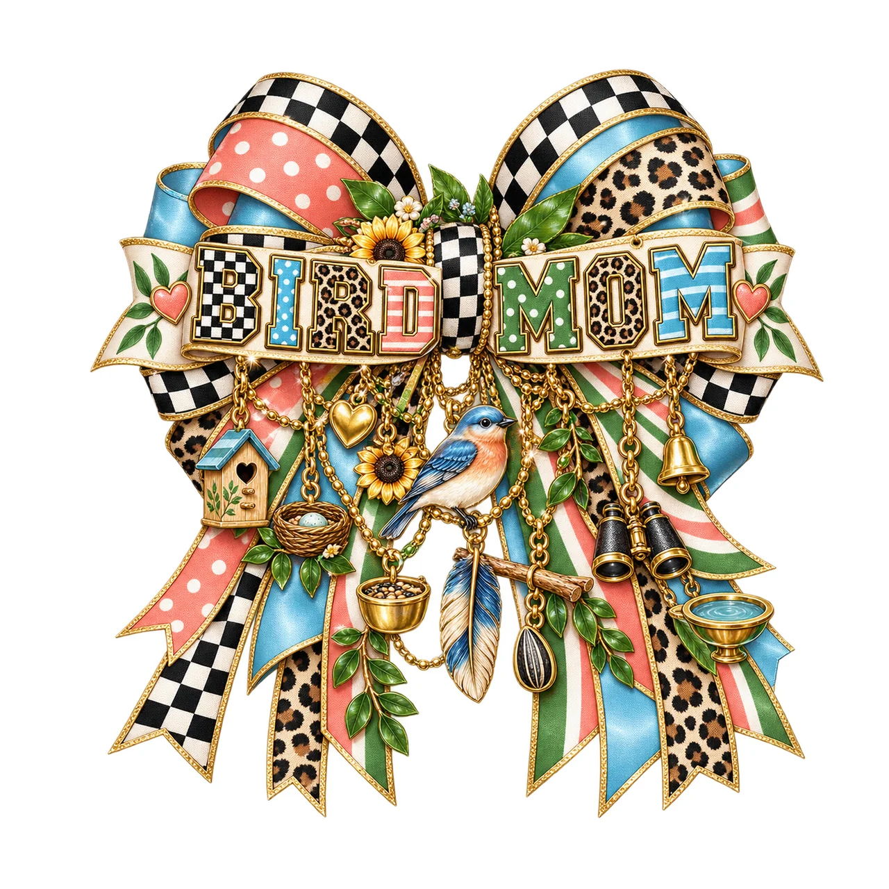 Bird Mom Bow Charm PNG, Patterned Varsity Mom Ribbon Clipart, Transparent Sublimation Digital Download