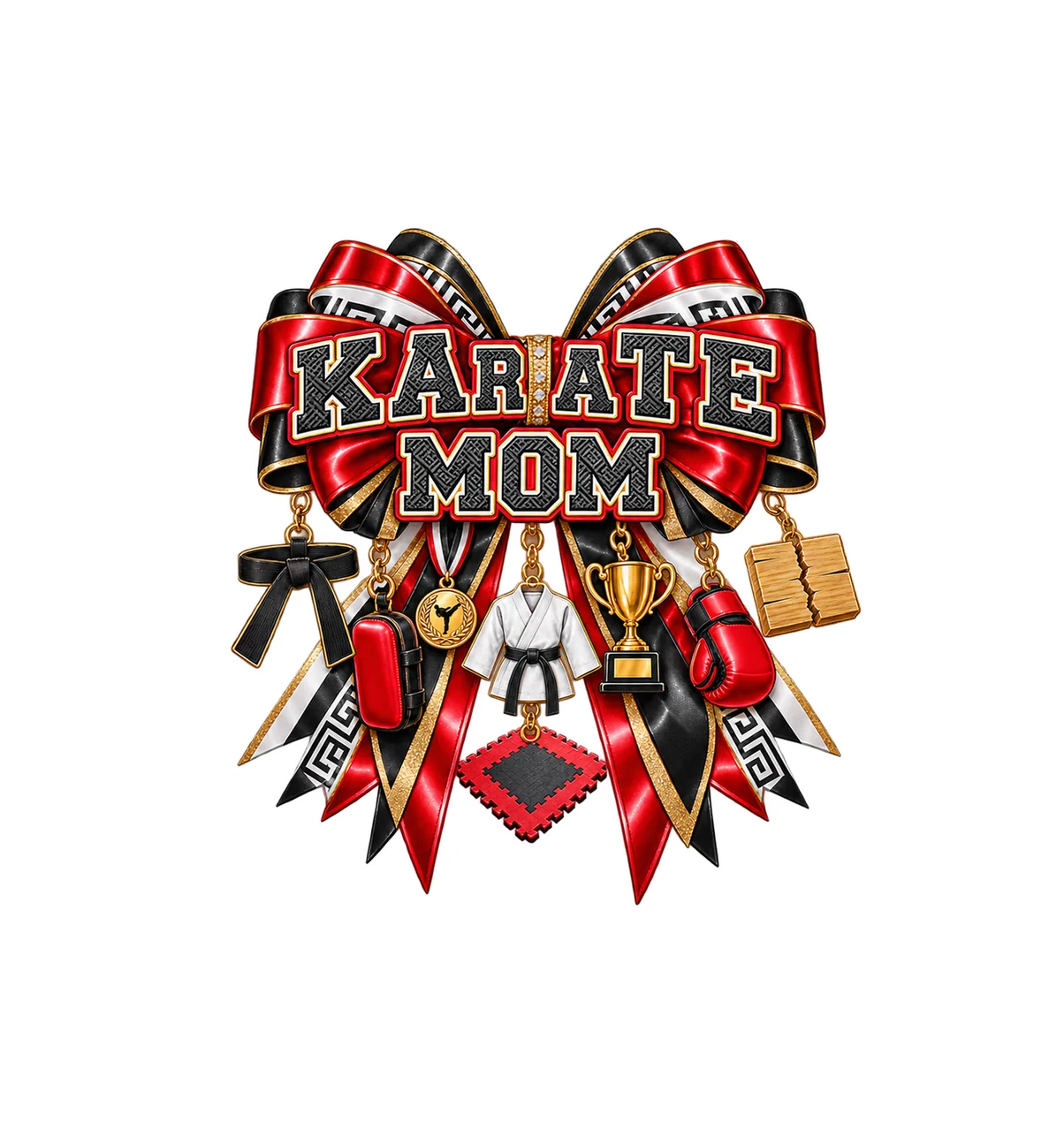 Karate Mom Bow Charm PNG, Patterned Varsity Mom Ribbon Clipart, Transparent Sublimation Digital Download
