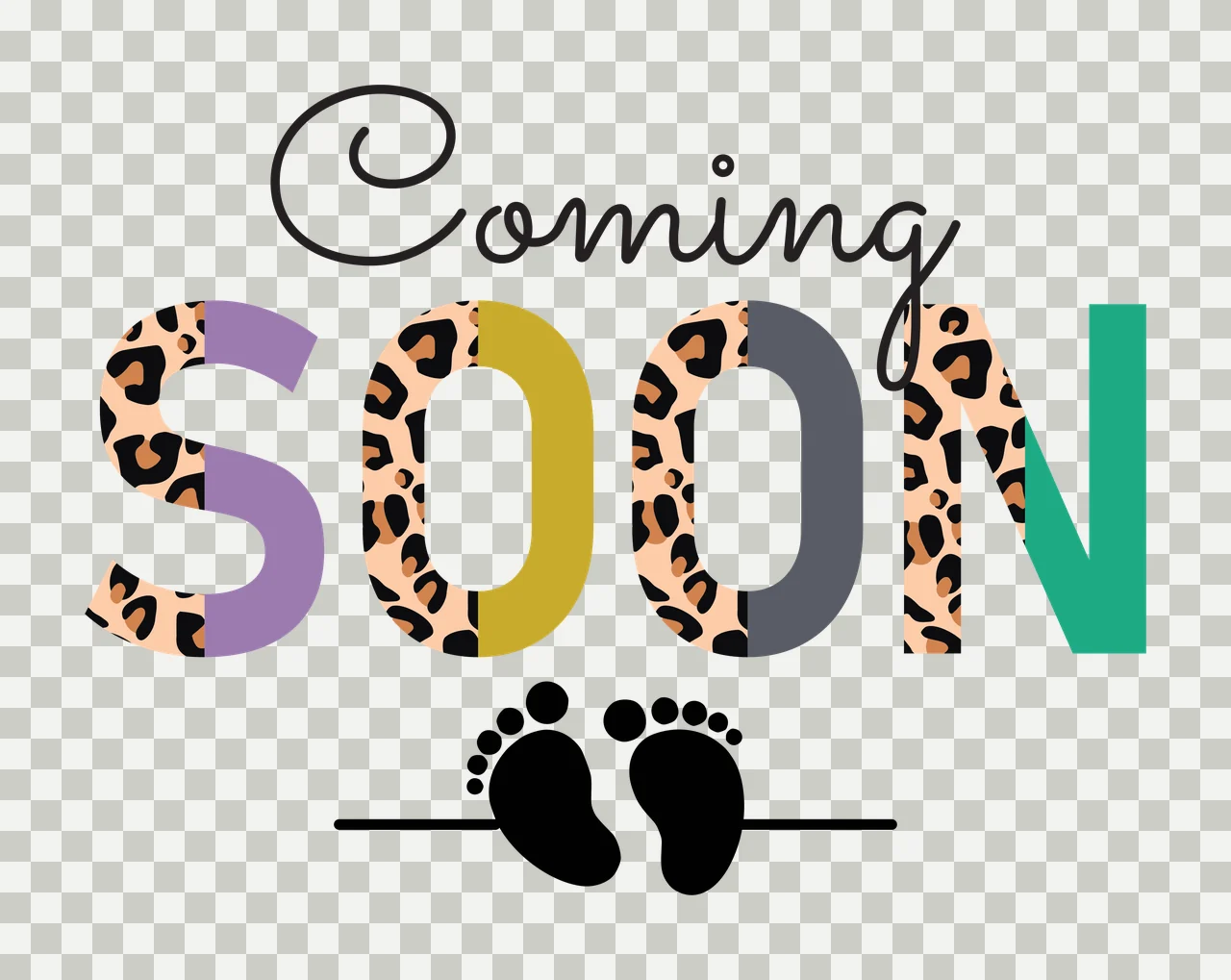 Coming SOON Typography Design with Coming SOON text, leopard print pattern, baby footprints and horizontal line in black, tan and purple transparency and detail preview thumbnail