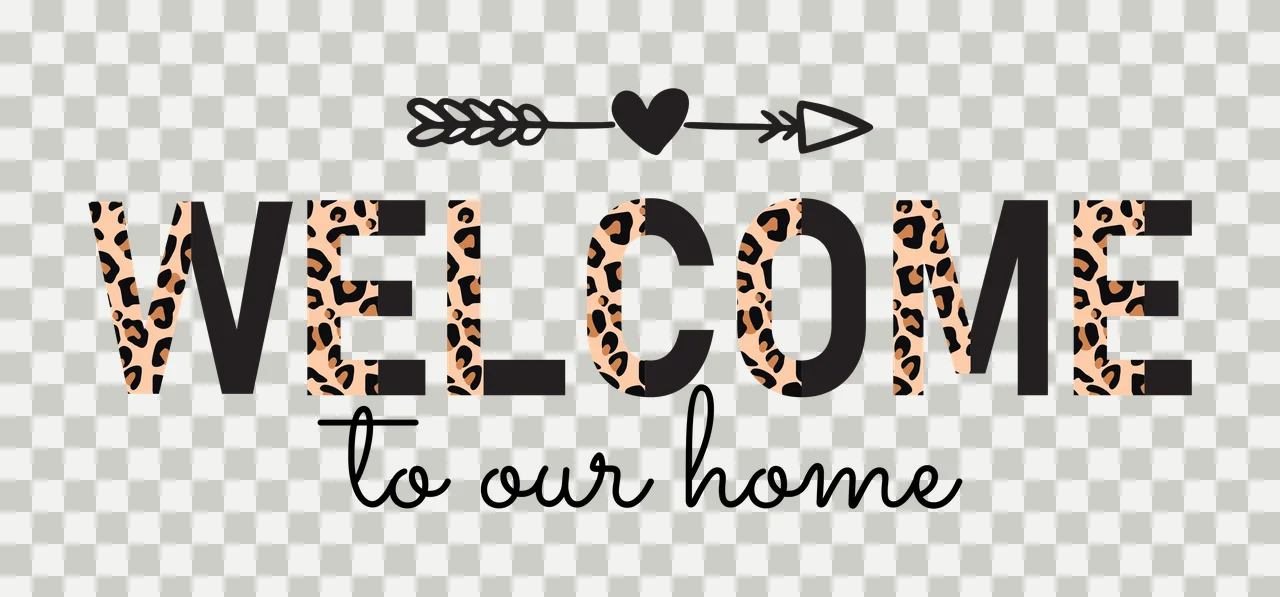 WELCOME to our home Leopard print welcome sign Design with leopard print letters WELCOME, black arrow with feathered tail and arrowhead, black heart in center of arrow and cursive text 'to our home' transparency and detail preview thumbnail