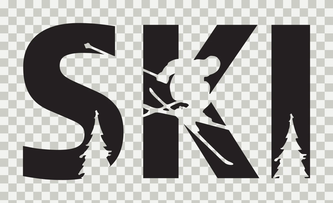 SKI SKI logo Design with black S letter, white skier silhouette and two white pine tree silhouettes transparency and detail preview thumbnail