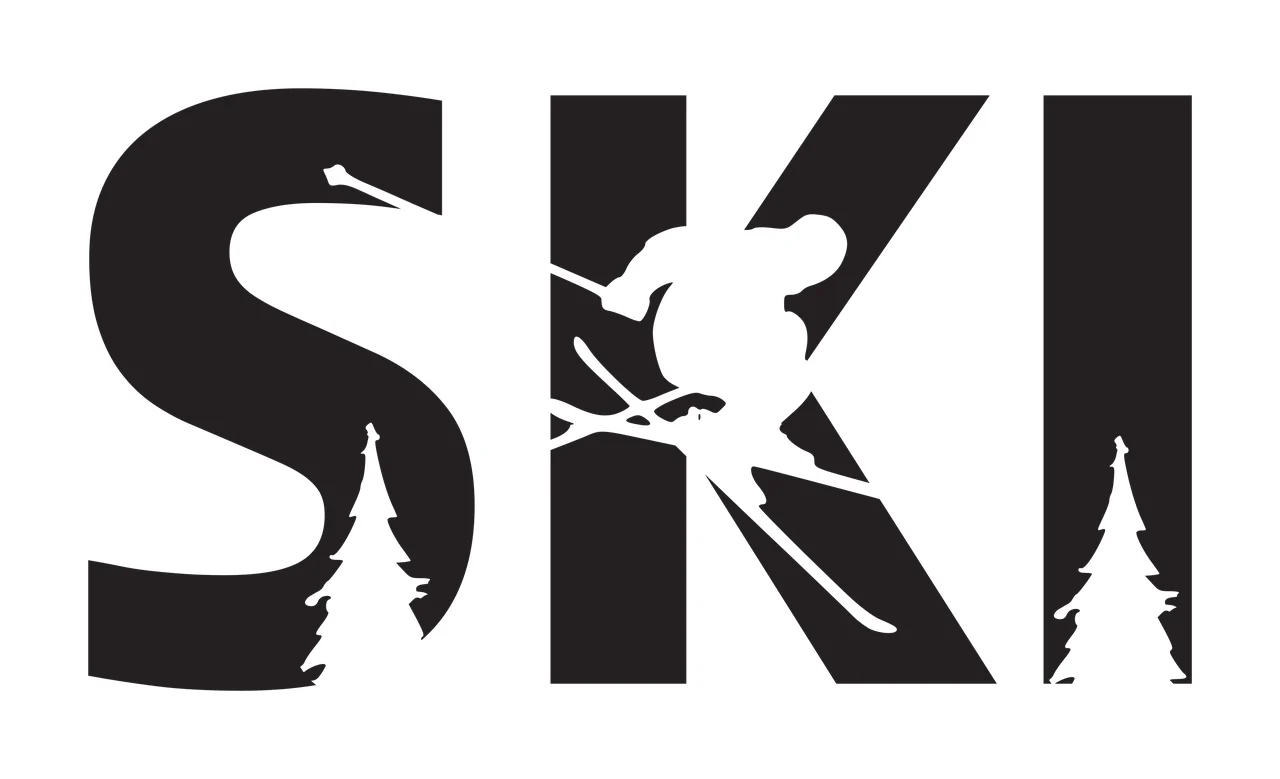 SKI SKI logo Design with black S letter, white skier silhouette and two white pine tree silhouettes