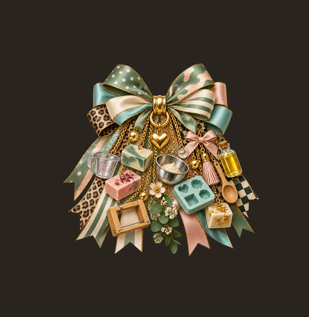 Soap Maker Bow Charm PNG, Themed Gold Chain Charms, Coquette Ribbon Sublimation Design, Transparent Digital Download contrast preview thumbnail