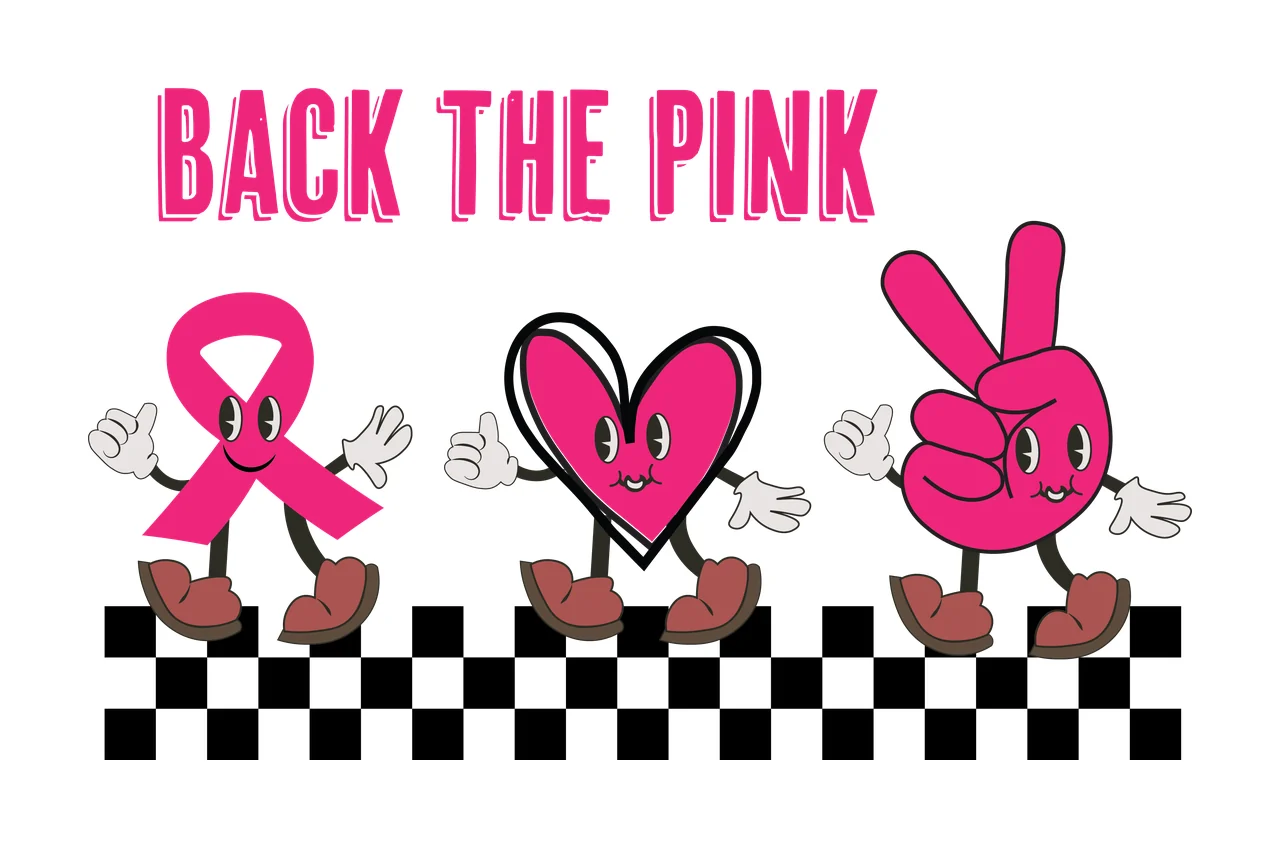 Back The Pink Cartoon Characters walking awareness ribbon heart