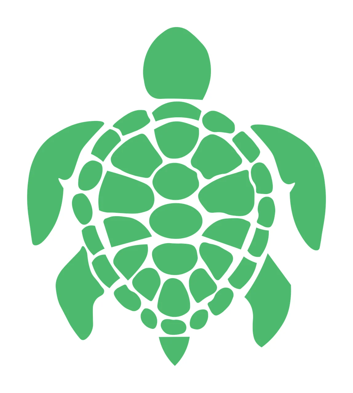 Silhouette Design of sea turtle with head, flippers, shell scutes and carapace in green and white