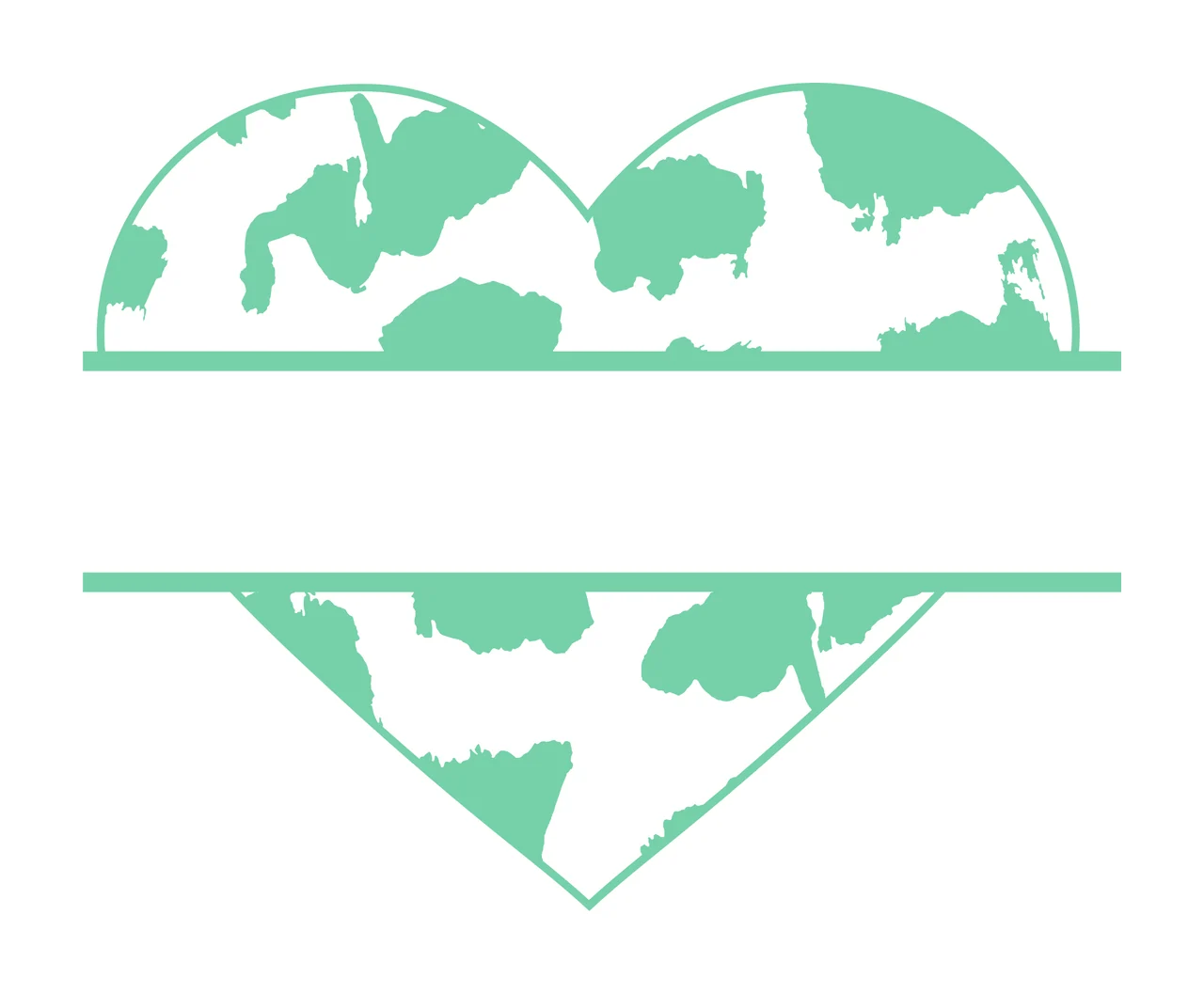 Split heart monogram frame with heart silhouette, cow spots, split horizontal frame and text banner area in mint green and white
