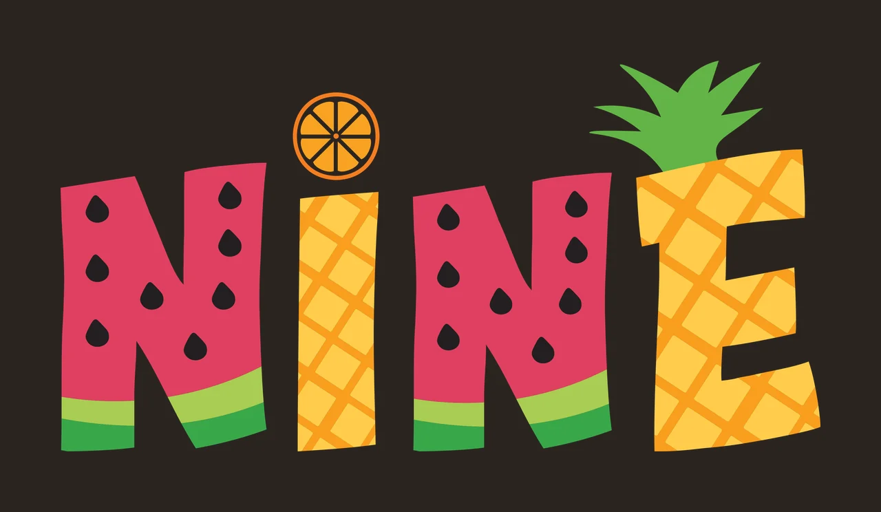 NINE Typography Design with watermelon pattern, black seeds, green rind and pineapple pattern in red, pink and yellow contrast preview thumbnail