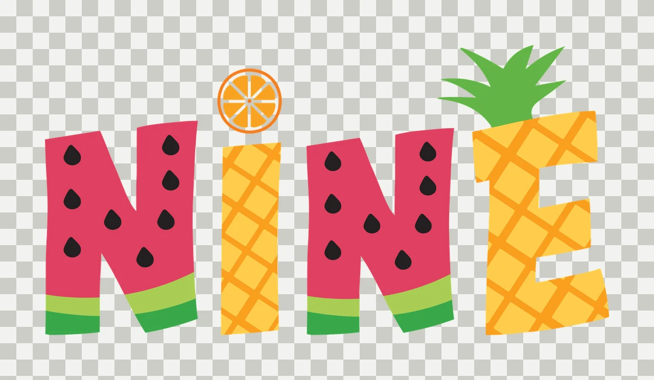 NINE Typography Design with watermelon pattern, black seeds, green rind and pineapple pattern in red, pink and yellow transparency and detail preview thumbnail