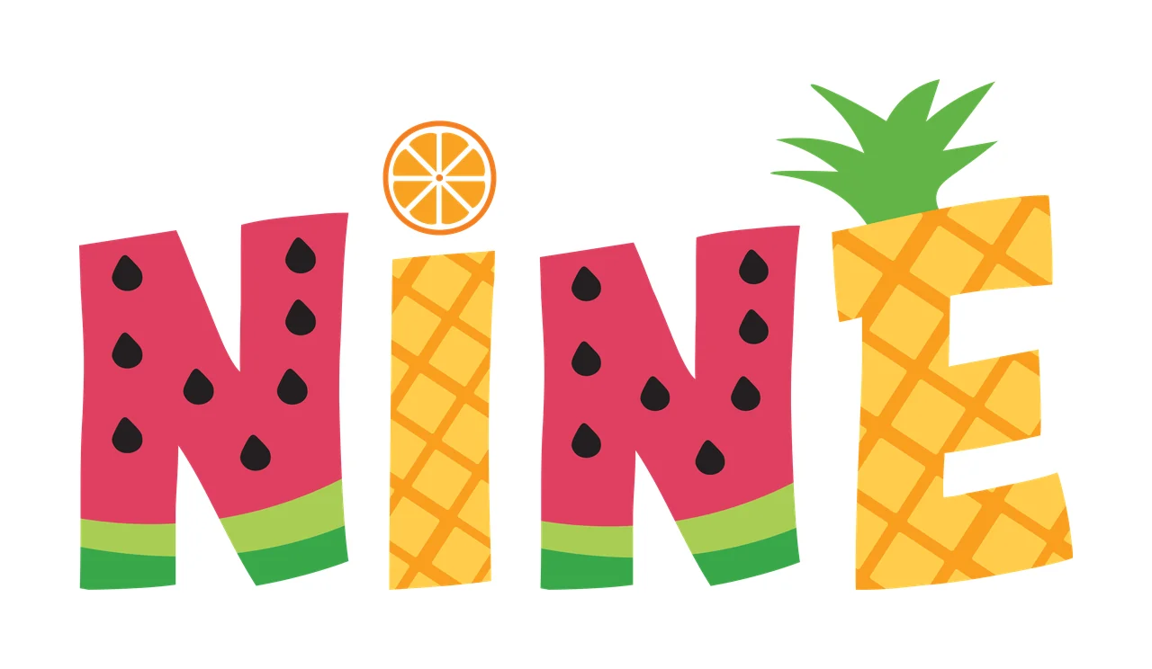 NINE Typography Design with watermelon pattern, black seeds, green rind and pineapple pattern in red, pink and yellow