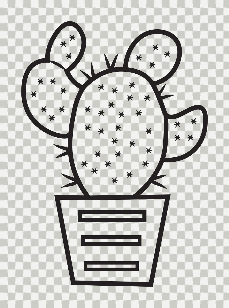 Line Art Illustration of Prickly pear cactus in a pot with three pads, star-shaped spines, potted plant and geometric pot with horizontal lines in black and white transparency and detail preview thumbnail