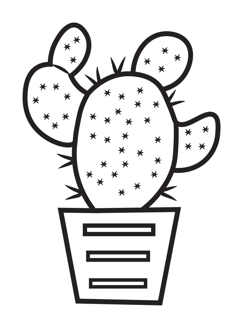 Line Art Illustration of Prickly pear cactus in a pot with three pads, star-shaped spines, potted plant and geometric pot with horizontal lines in black and white