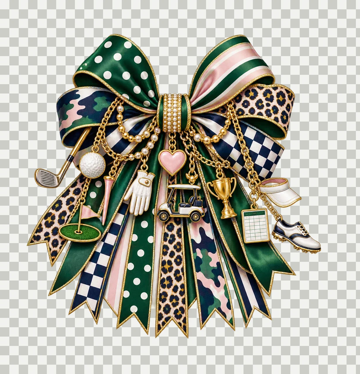 Golf Mom Bow Charm PNG, Themed Gold Chain Charms, Coquette Ribbon Sublimation Design, Transparent Digital Download transparency and detail preview thumbnail