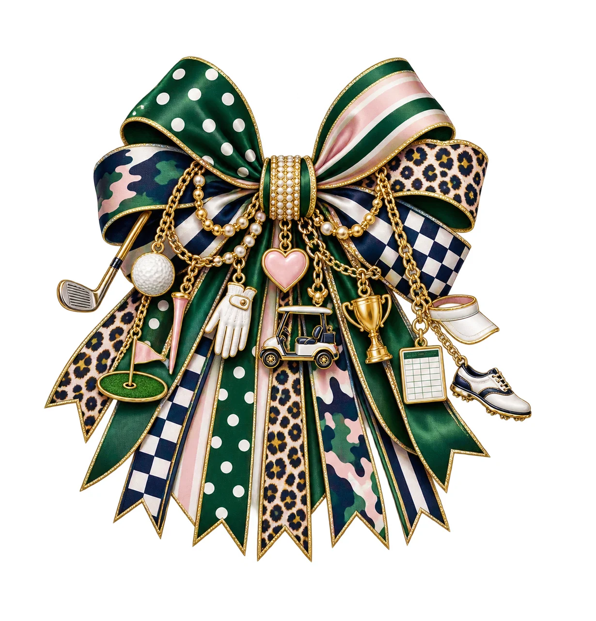 Golf Mom Bow Charm PNG, Themed Gold Chain Charms, Coquette Ribbon Sublimation Design, Transparent Digital Download