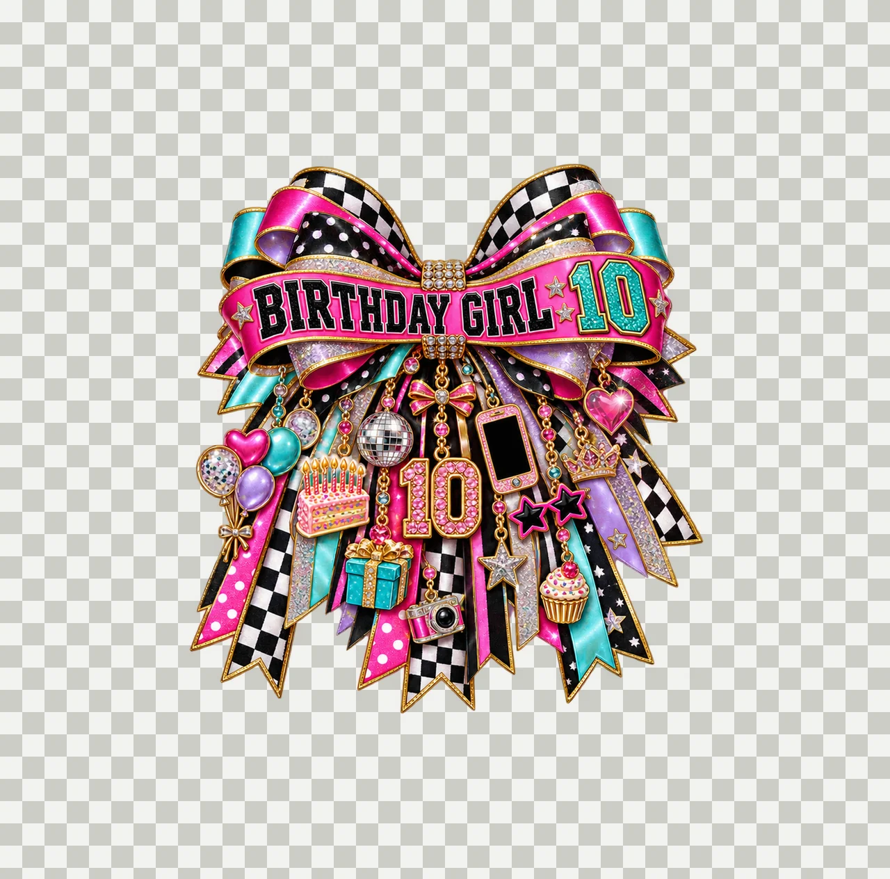 Birthday Girl 10 Bow Charm PNG, Patterned Coquette Bow Clipart, Transparent Sublimation Digital Download transparency and detail preview thumbnail
