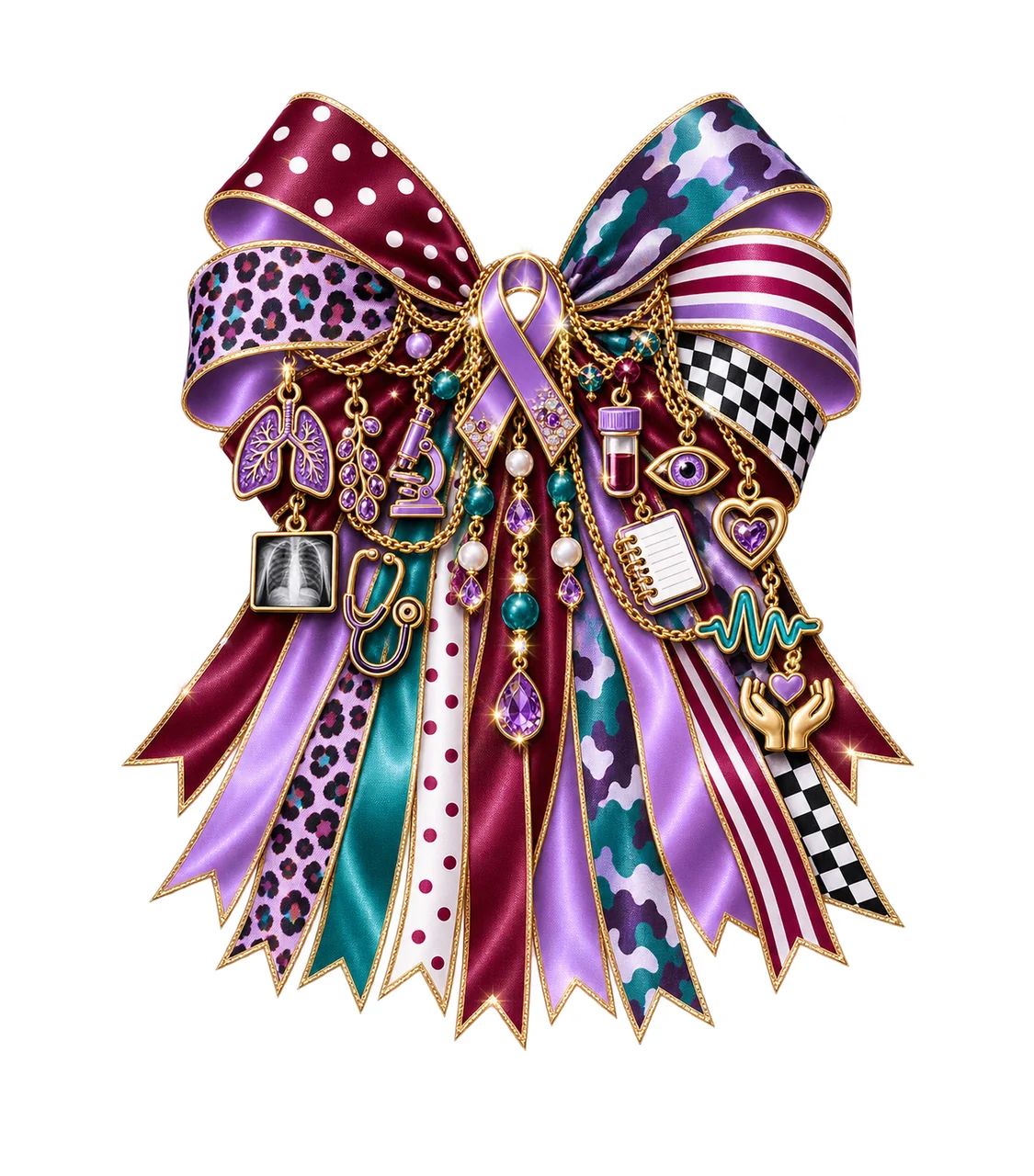Sarcoidosis Awareness Bow Charm PNG, Themed Gold Chain Charms, Coquette Ribbon Sublimation Design, Transparent Digital Download
