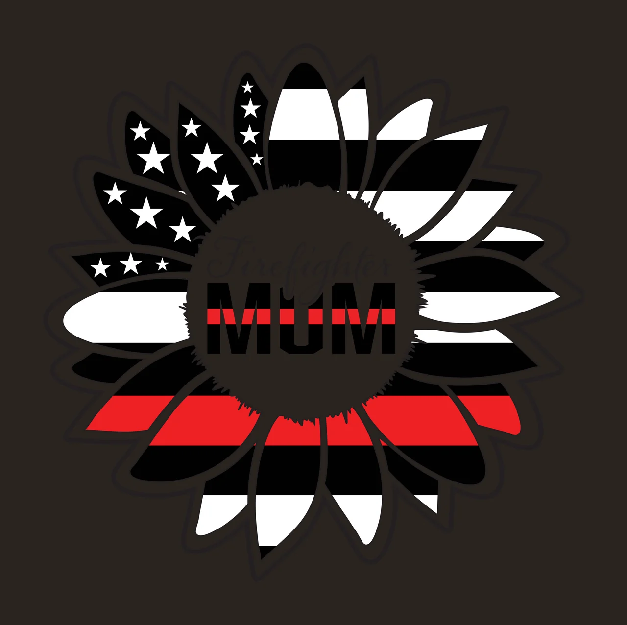 Firefighter MUM sunflower emblem Design with stars, stripes, thin red line and script text in black and white contrast preview thumbnail