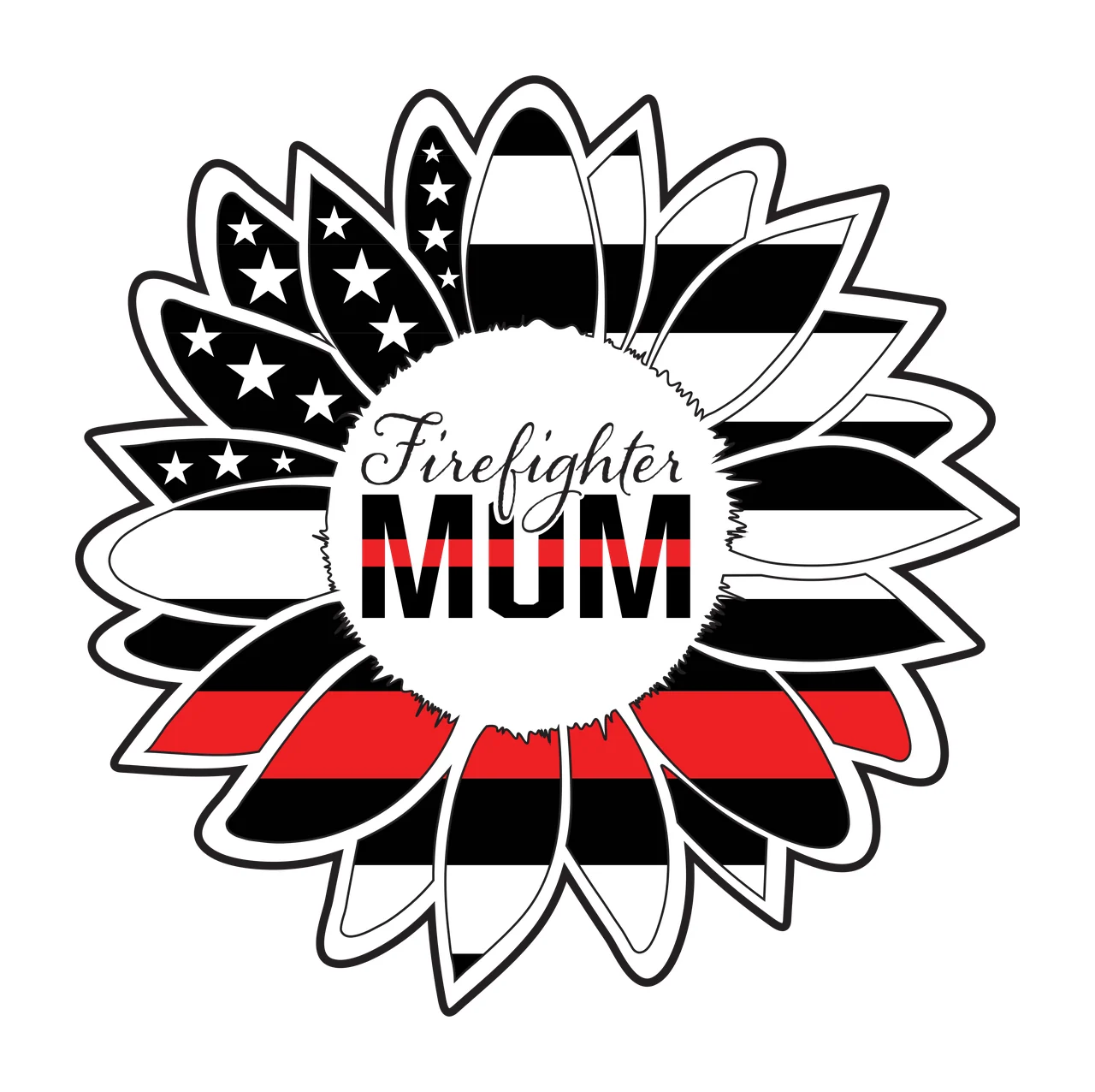 Firefighter MUM sunflower emblem Design with stars, stripes, thin red line and script text in black and white