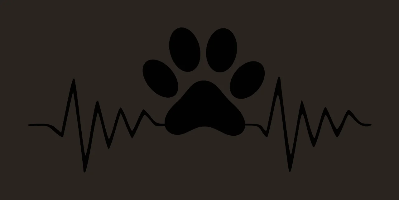 Silhouette Design of Paw print integrated with heartbeat line with black paw print, heart rate line, four toe pads and central pad in white contrast preview thumbnail