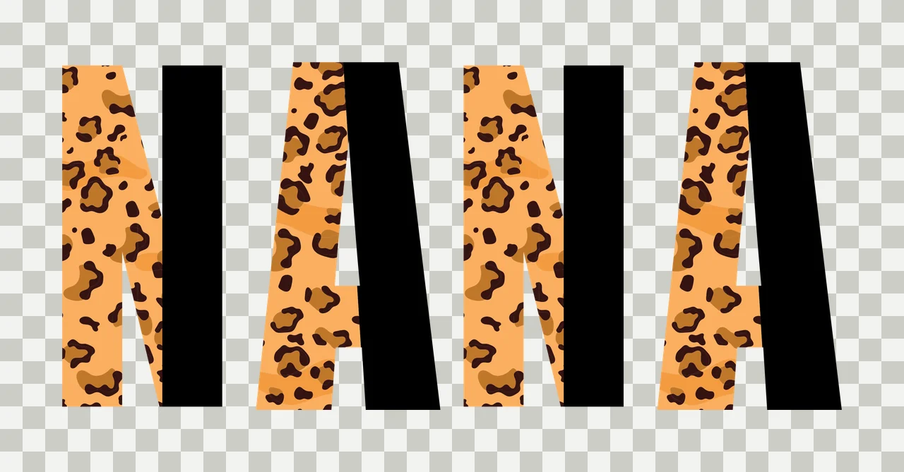 NANA Typography Design with leopard print pattern, black letterforms, orange-brown spots and white background transparency and detail preview thumbnail
