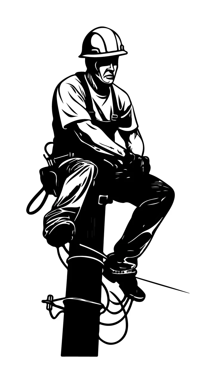 Worker In Hard Hat Sitting Perched pole cables high contrast ink