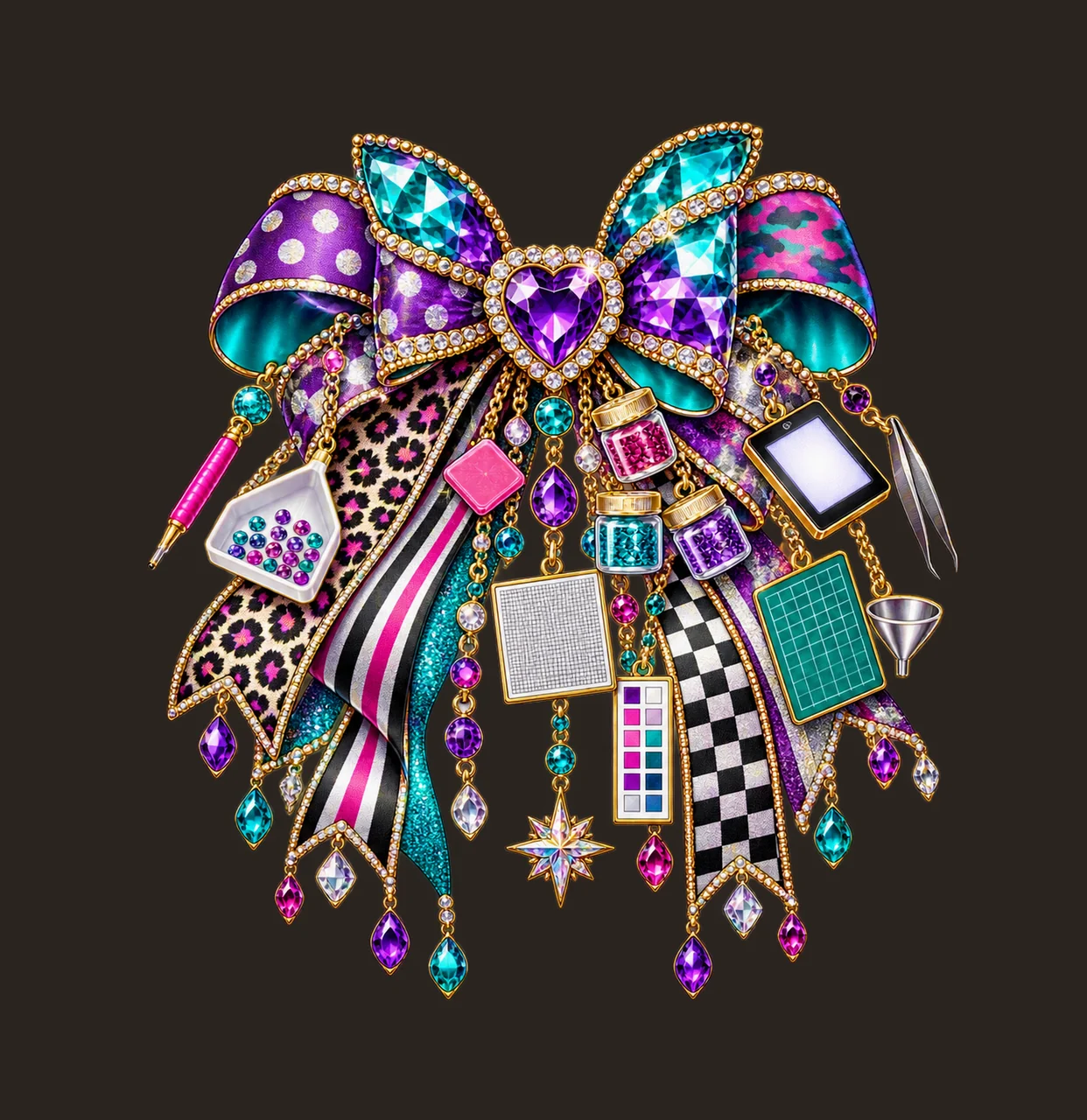 Diamond Art Crafter Bow Charm PNG, Themed Gold Chain Charms, Coquette Ribbon Sublimation Design, Transparent Digital Download contrast preview thumbnail